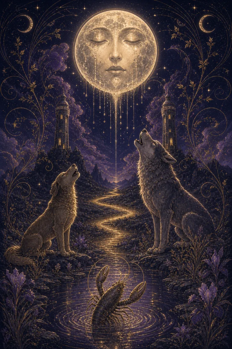 The Moon — a tarot card drawn in gold linework against an indigo night sky