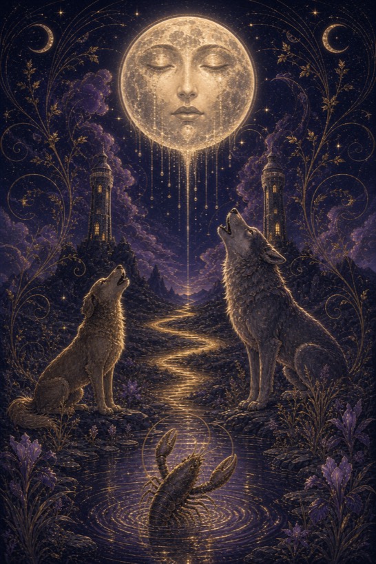 The Moon — a tarot card drawn in gold linework against an indigo night sky